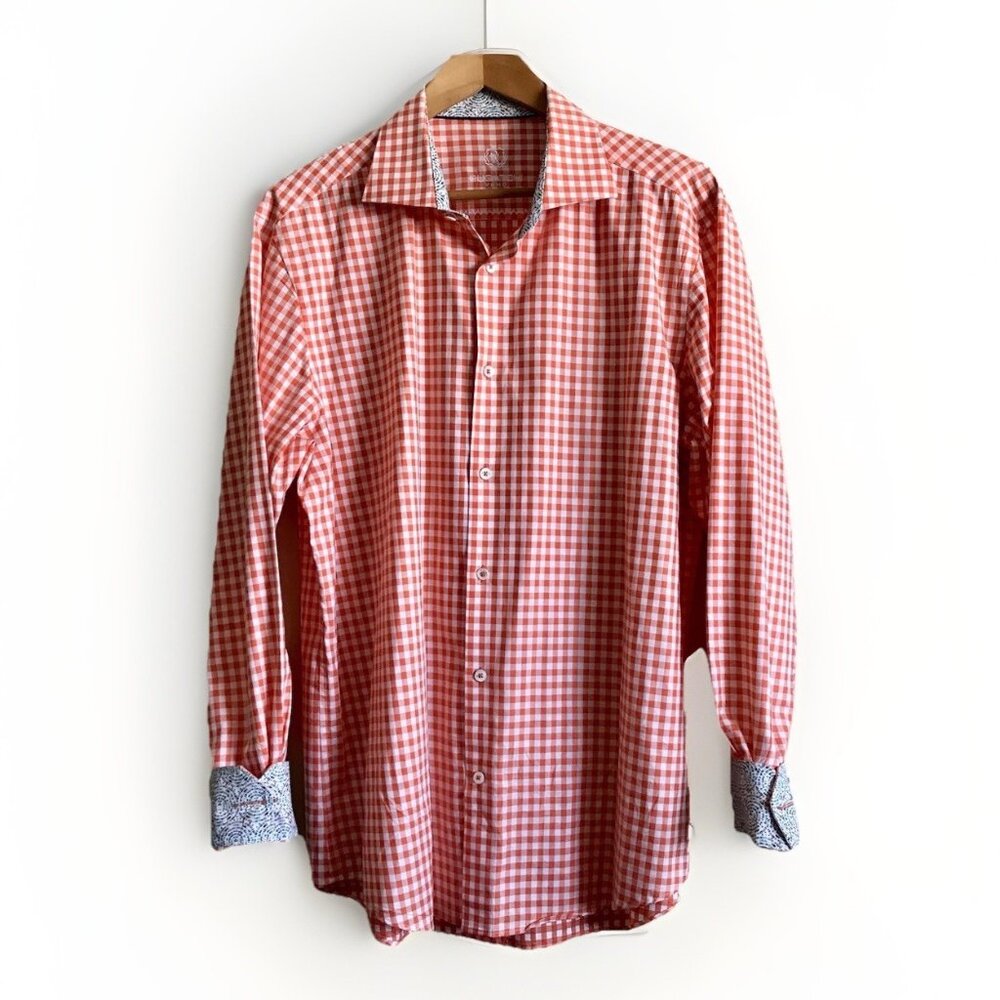 Bugatchi Uomo Dress Shirt Mens Orange Gingham Flip Cuff Button Up‎ XL 17.5 36/37